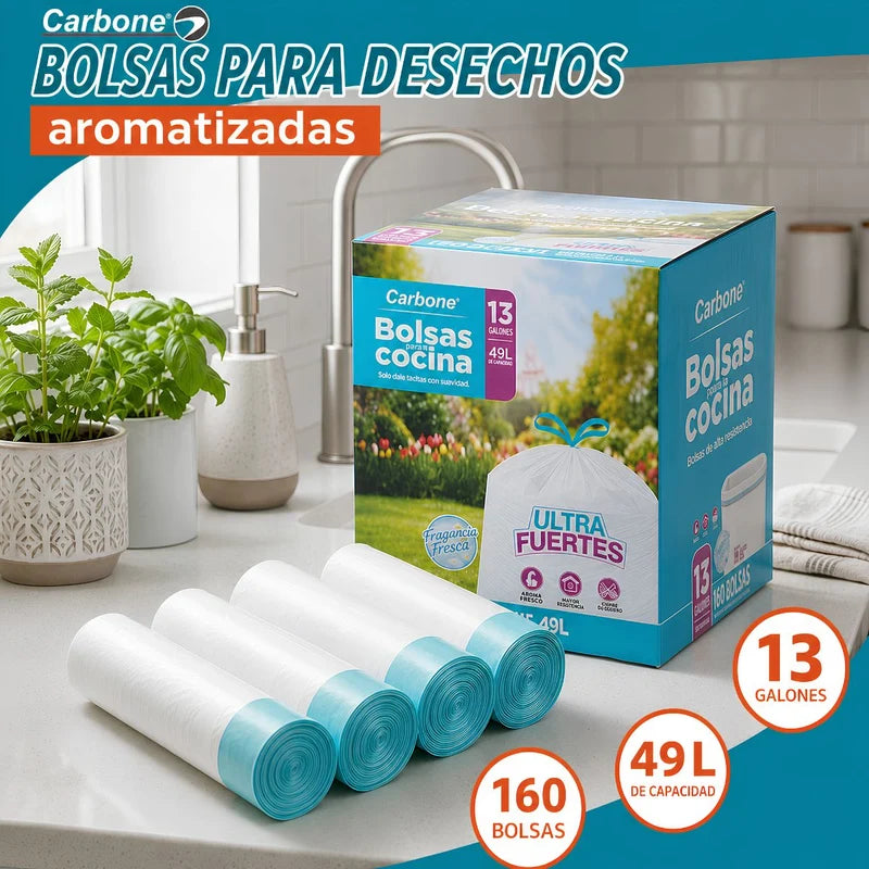 Bolsas De Basura Para Cocina Aromatizadas 13 Galones (49Lt) (160 Unds) Con Cordón Ajustable. Cartuchos Para Desechos Flexibles (62X68 Cm) Color Blanco AN42