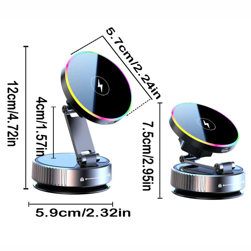 Soporte Magnético Para Celular Con Ventosa Manual Y Carga Inalámbrica 15W. Base Ajustable 360° Con Luz LED RGB Compatible Iphone Android LT836
