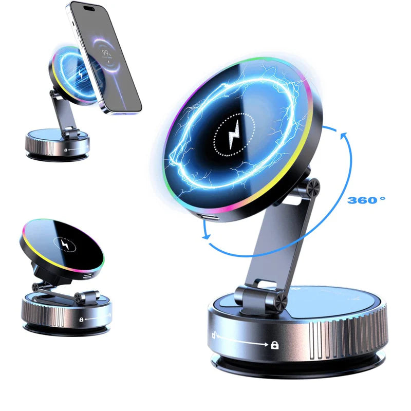 Soporte Magnético Para Celular Con Ventosa Manual Y Carga Inalámbrica 15W. Base Ajustable 360° Con Luz LED RGB Compatible Iphone Android LT836