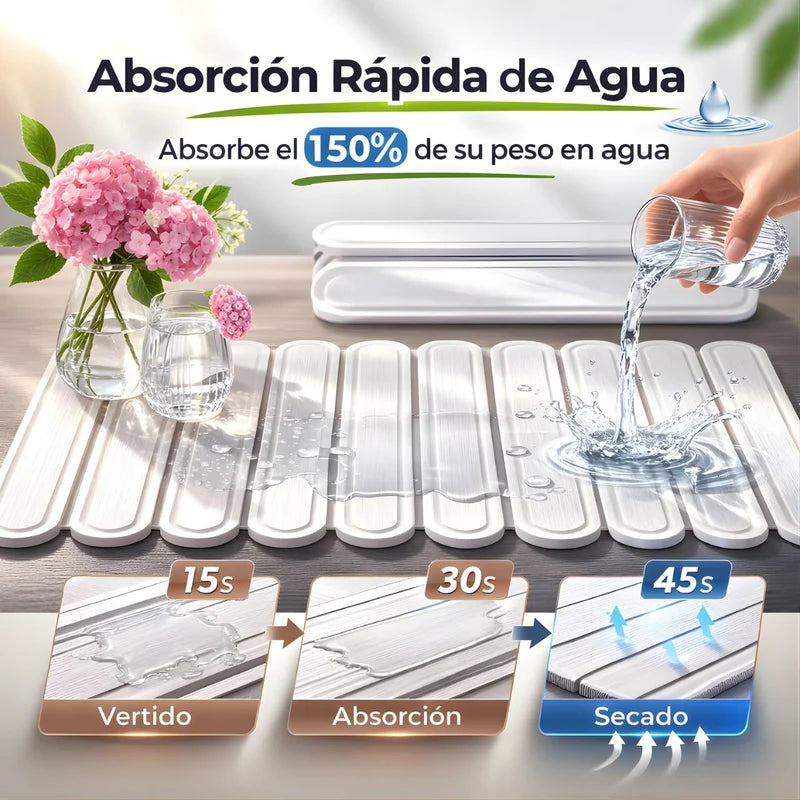 Tapete Diatomeas Diatomita Escurridor De Platos Plegable Enrollable (60X39cm). Base Absorbente Antideslizante Para Cocina. Color Blanco. LT851