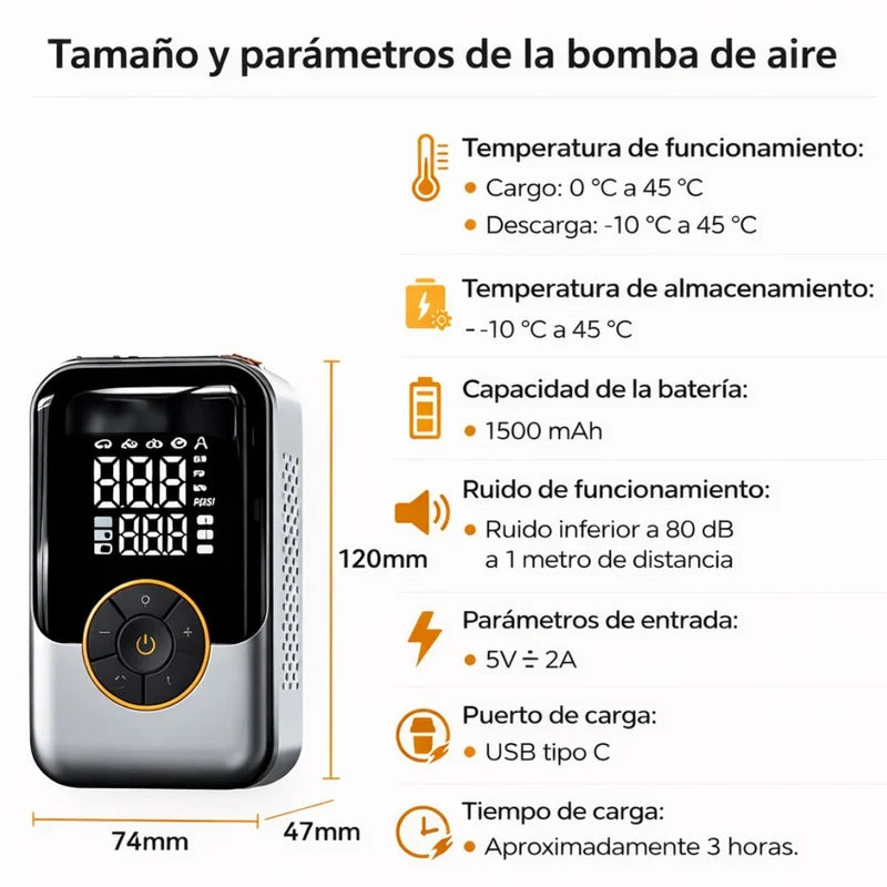 Inflador De Llantas Portátil. Compresor De Aire Recargable Con Pantalla Digital Dual. Luz LED Integrada (74X47x120mm). LT858