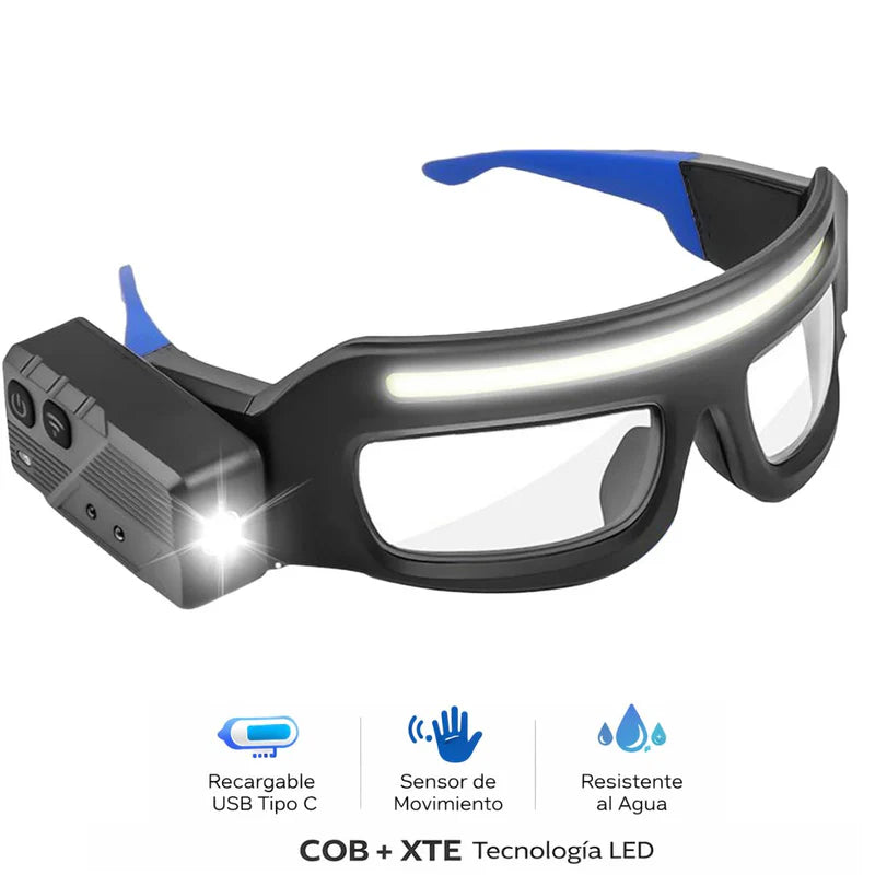 Gafas De Seguridad Lentes Con Luz COB Recargable USB-C. Lentes Con Sensor De Movimiento Hasta 10 Cm De Resistente Al Agua IPX4. Color Azul (16X8x6cm). LT923
