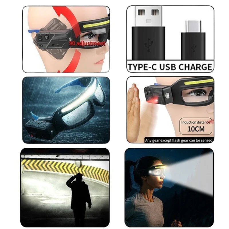 Gafas De Seguridad Lentes Con Luz COB Recargable USB-C. Lentes Con Sensor De Movimiento Hasta 10 Cm De Resistente Al Agua IPX4. Color Azul (16X8x6cm). LT923