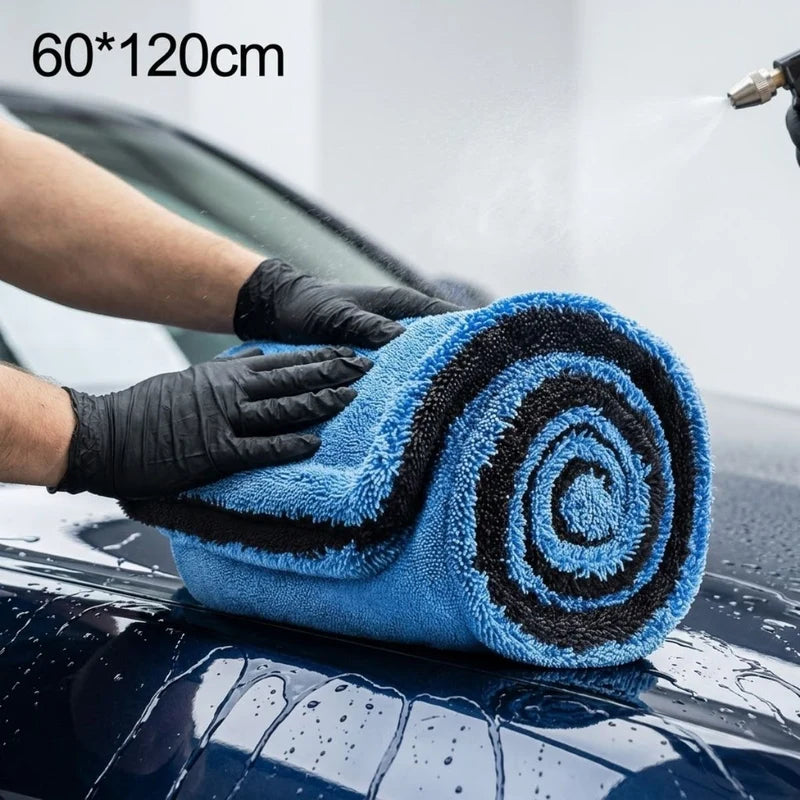 Toalla Paño De Microfibra Doble Cara Para Secado De Autos Ultra Gruesa 1400 GSM. Paño De Secado Automotriz Ultra Absorbente (60×120Cm). Color Gris Con Azul Claro. LT939