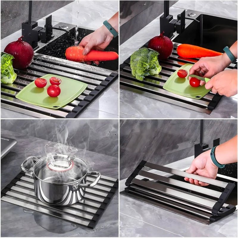 Escurridor Enrollable Para Fregador De Cocina (55×32.5Cm). Acero Inoxidable 304. Rejilla Plegable Multifuncional. LT957