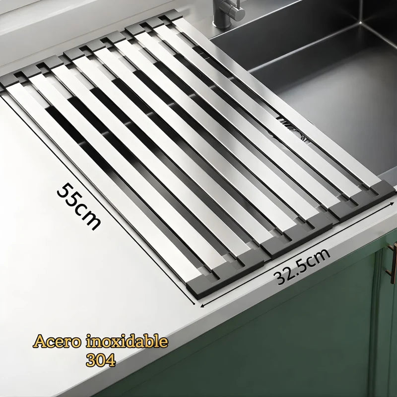 Escurridor Enrollable Para Fregador De Cocina (55×32.5Cm). Acero Inoxidable 304. Rejilla Plegable Multifuncional. LT957