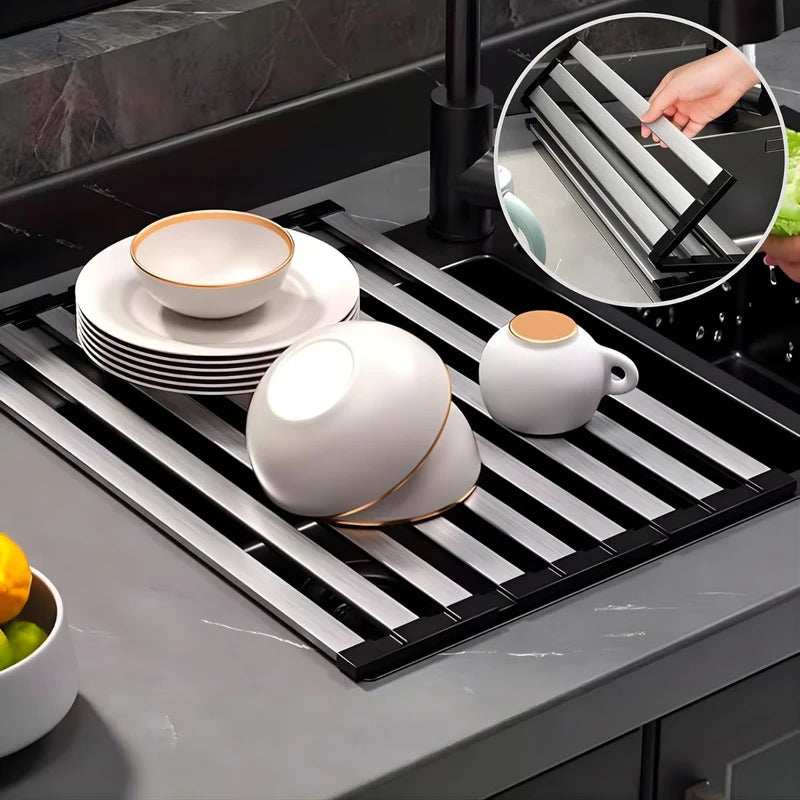 Escurridor Enrollable Para Fregador De Cocina (55×32.5Cm). Acero Inoxidable 304. Rejilla Plegable Multifuncional. LT957