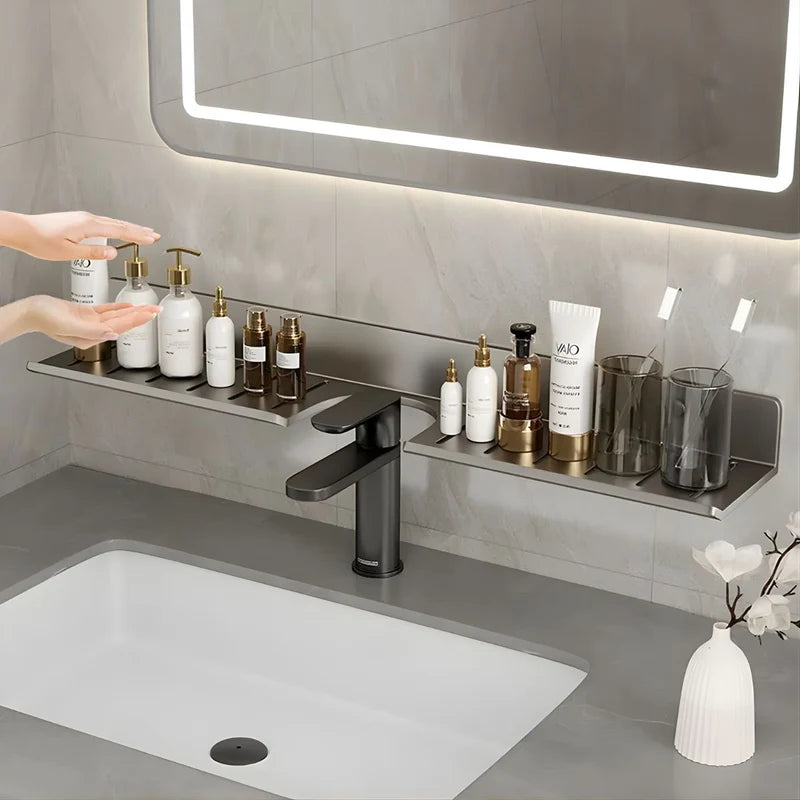 Repisa Organizadora Para Lavamanos (60X12x5cm) De Acero Inoxidable. Estante Para Grifo Con Drenaje. Organizador Para Encimera De Baño. Color Gris. LT959