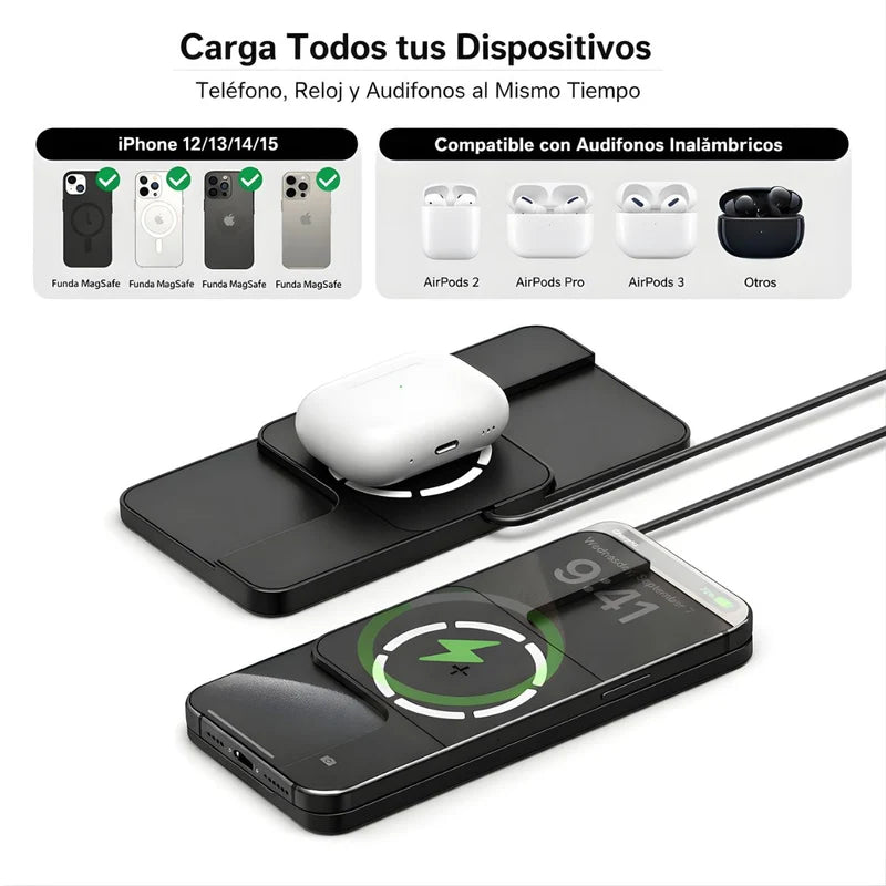 Cargador Inalámbrico Magnético 360°. Estación De Carga Tipo Magsafe Para Iphone Y Audífonos (Cable 1M). LT968