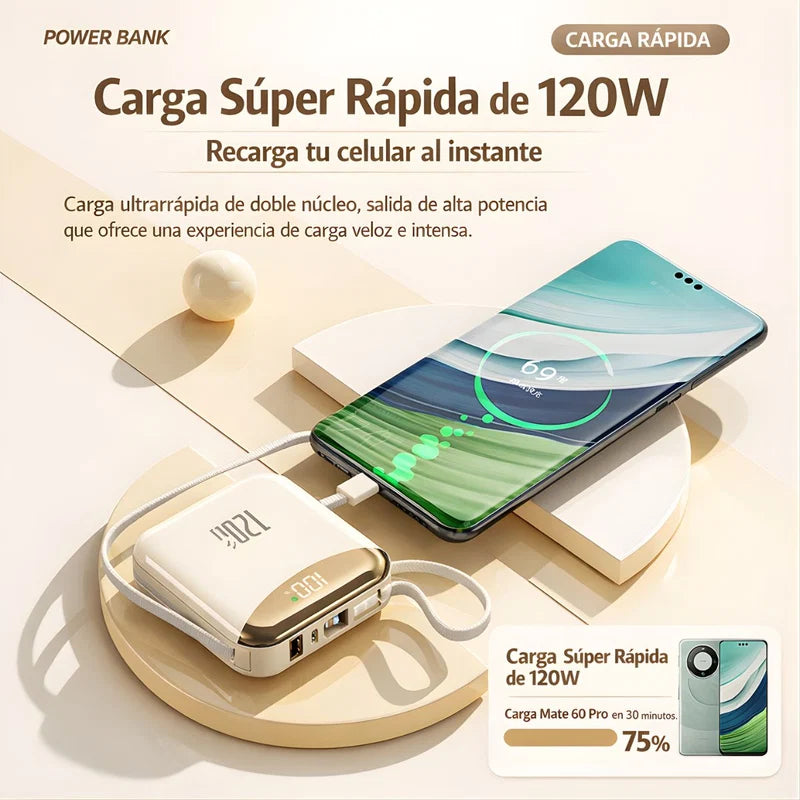 Power Bank 20000Mah 120W Carga Rápida Con Doble Cable Integrado Type-C Y Lightning. Batería Portátil Con Pantalla Digital. Color Amarillo. LT981