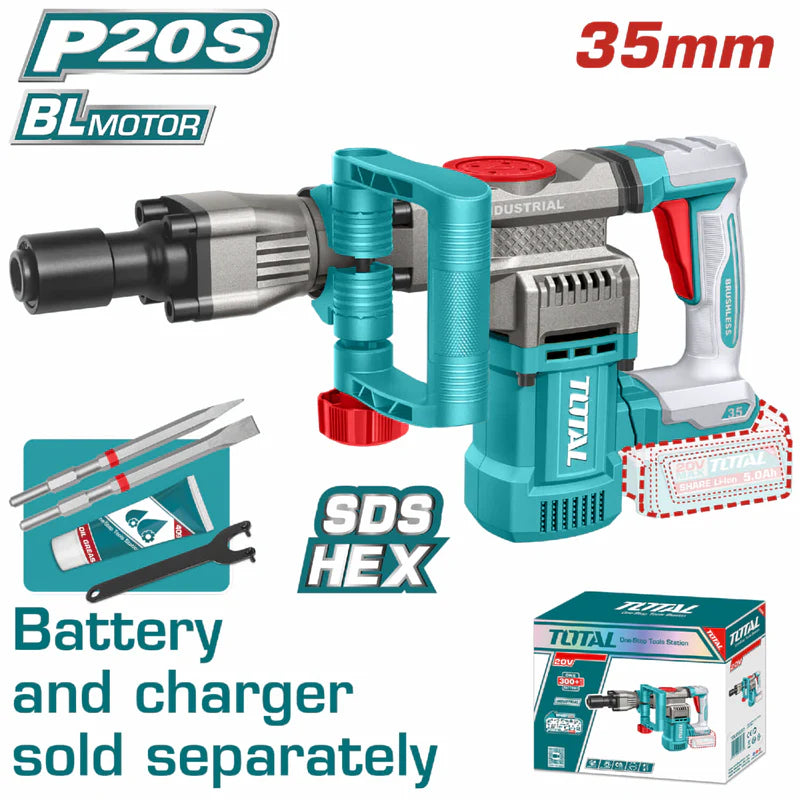 Martillo Demoledor SDS HEX Inalámbrico Motor Sin Escobillas 20V 0-3200 Bpm 16J Batería Y Cargador Por Separado. TDBLI20358