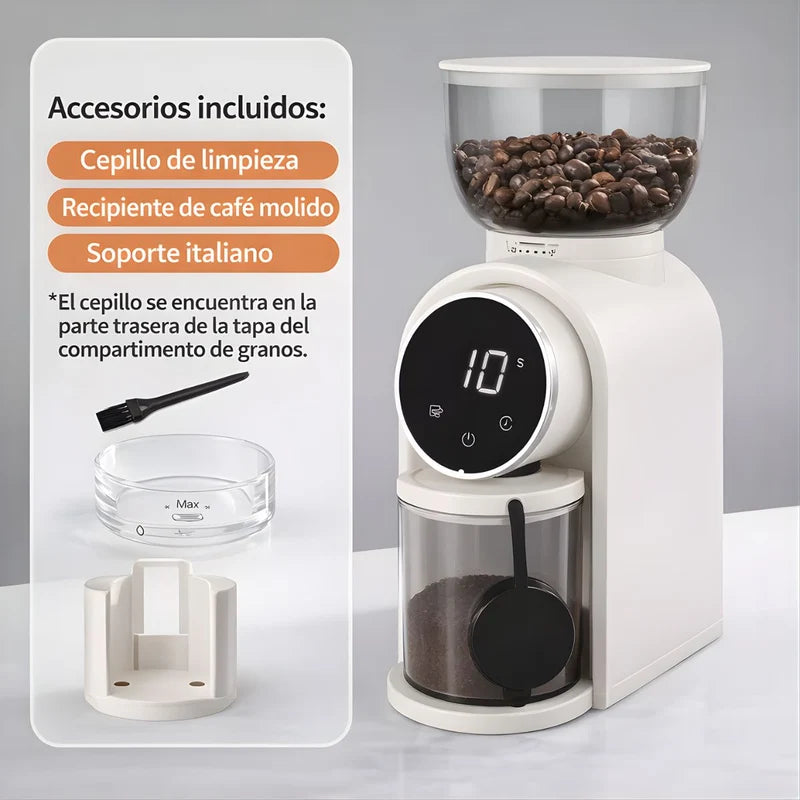 Molino De Café Eléctrico Con Pantalla Táctil 110V. Ajuste De Molienda De 25 Niveles. Moledor De Café Con Temporizador 5-40S. Color Blanco Mate. UR023