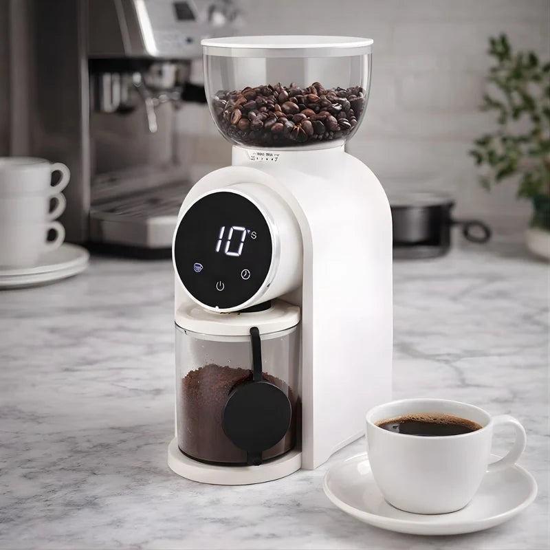 Molino De Café Eléctrico Con Pantalla Táctil 110V. Ajuste De Molienda De 25 Niveles. Moledor De Café Con Temporizador 5-40S. Color Blanco Mate. UR023