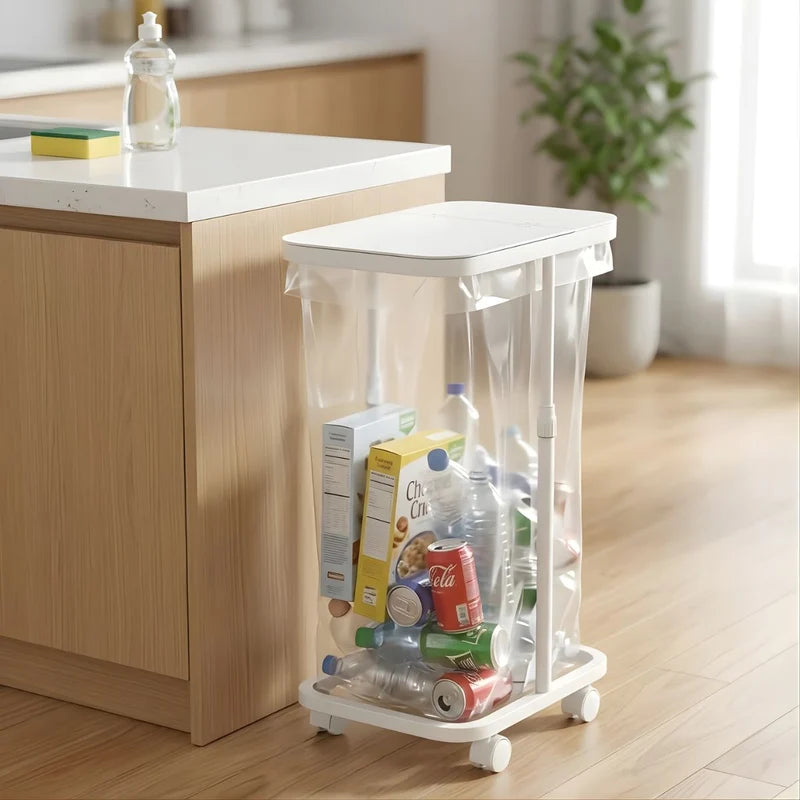 Basurero Ajustable Con Tapa Y Ruedas (60X33x22cm). Bote De Basura Para Bolsas De 20L A 90L. Papelera. Color Blanco. UR111