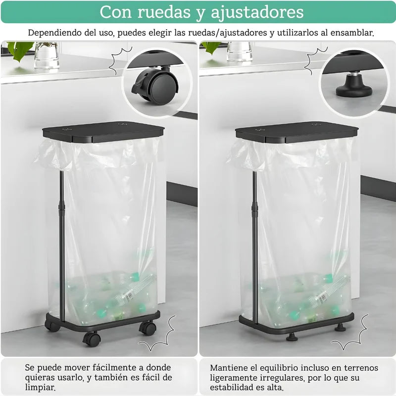 Basurero Ajustable Con Tapa Y Ruedas (60X33x22cm). Bote De Basura Para Bolsas De 20L A 90L. Papelera. Color Negro. UR112