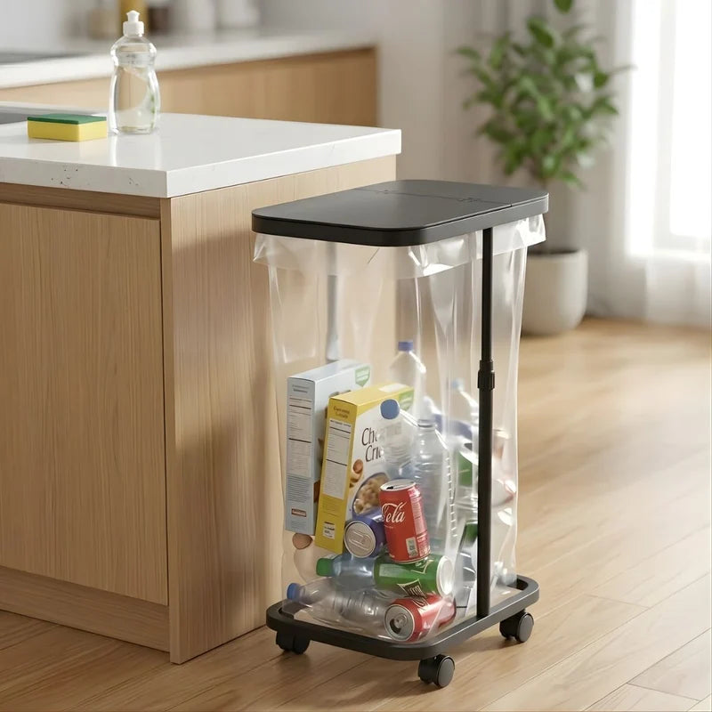 Basurero Ajustable Con Tapa Y Ruedas (60X33x22cm). Bote De Basura Para Bolsas De 20L A 90L. Papelera. Color Negro. UR112