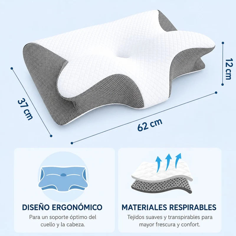 Almohada Cervical Ortopédica Memory Foam Mariposa. Cojín Ergonómico Para Dormir Antirronquido Con Funda Transpirable (62X37x12cm) UR182