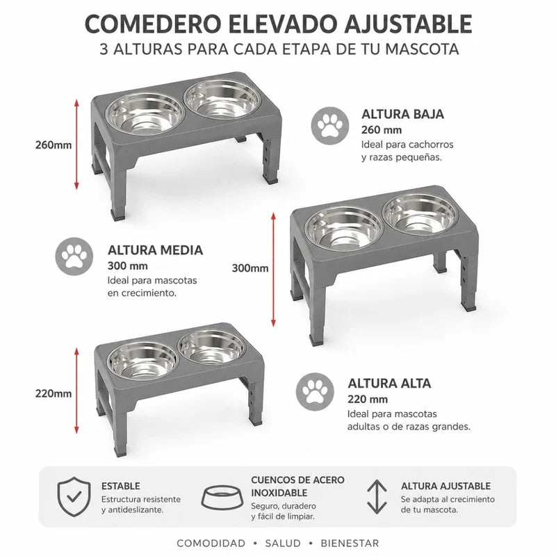 Comedero Elevado Para Perros Y Gatos Ajustable (8-30Cm) Plegable Con 2 Platos De Acero Inoxidable. Base Antideslizante Gris Mascotas (44X24cm) UR186