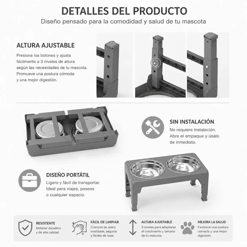 Comedero Elevado Para Perros Y Gatos Ajustable (8-30Cm) Plegable Con 2 Platos De Acero Inoxidable. Base Antideslizante Gris Mascotas (44X24cm) UR186
