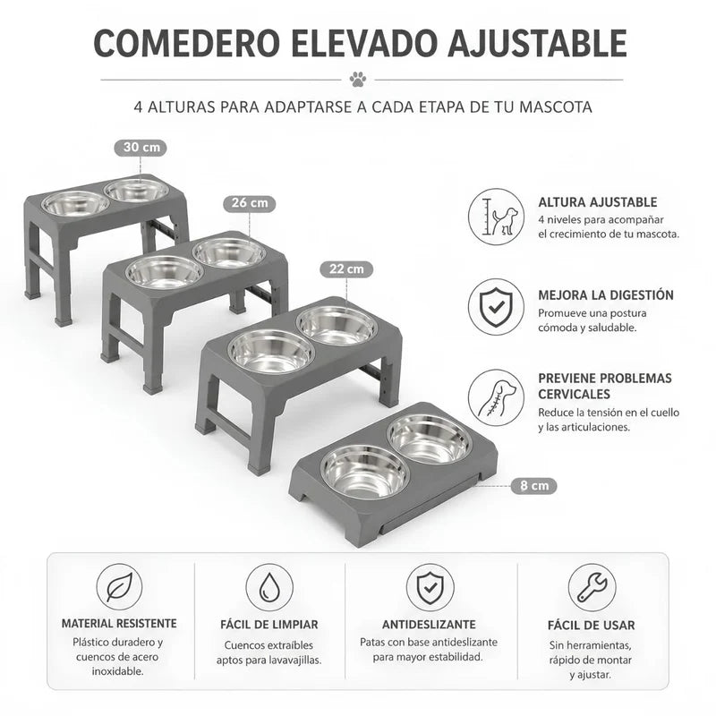 Comedero Elevado Para Perros Y Gatos Ajustable (8-30Cm) Plegable Con 2 Platos De Acero Inoxidable. Base Antideslizante Gris Mascotas (44X24cm) UR186