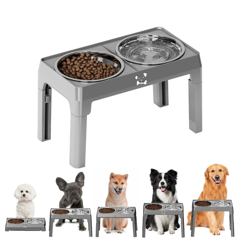 Comedero Elevado Para Perros Y Gatos Ajustable (8-30Cm) Plegable Con 2 Platos De Acero Inoxidable. Base Antideslizante Gris Mascotas (44X24cm) UR186