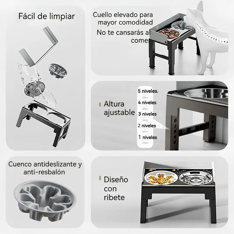 Comedero Elevado Antiderrame Para Perros Con Plato Comida Lenta Antiahogo Ajustable (21-29Cm).(44X24cm) Negro UR187