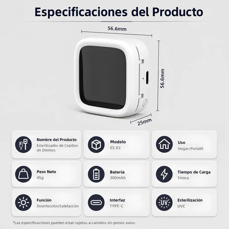 Esterilizador UV Para Cepillo Dental Con Secado Y Carga USBC. Soporte Portátil Con Temperatura Constante Y Diseño Compacto. Blanco (56.6X56.6X25mm) UR201