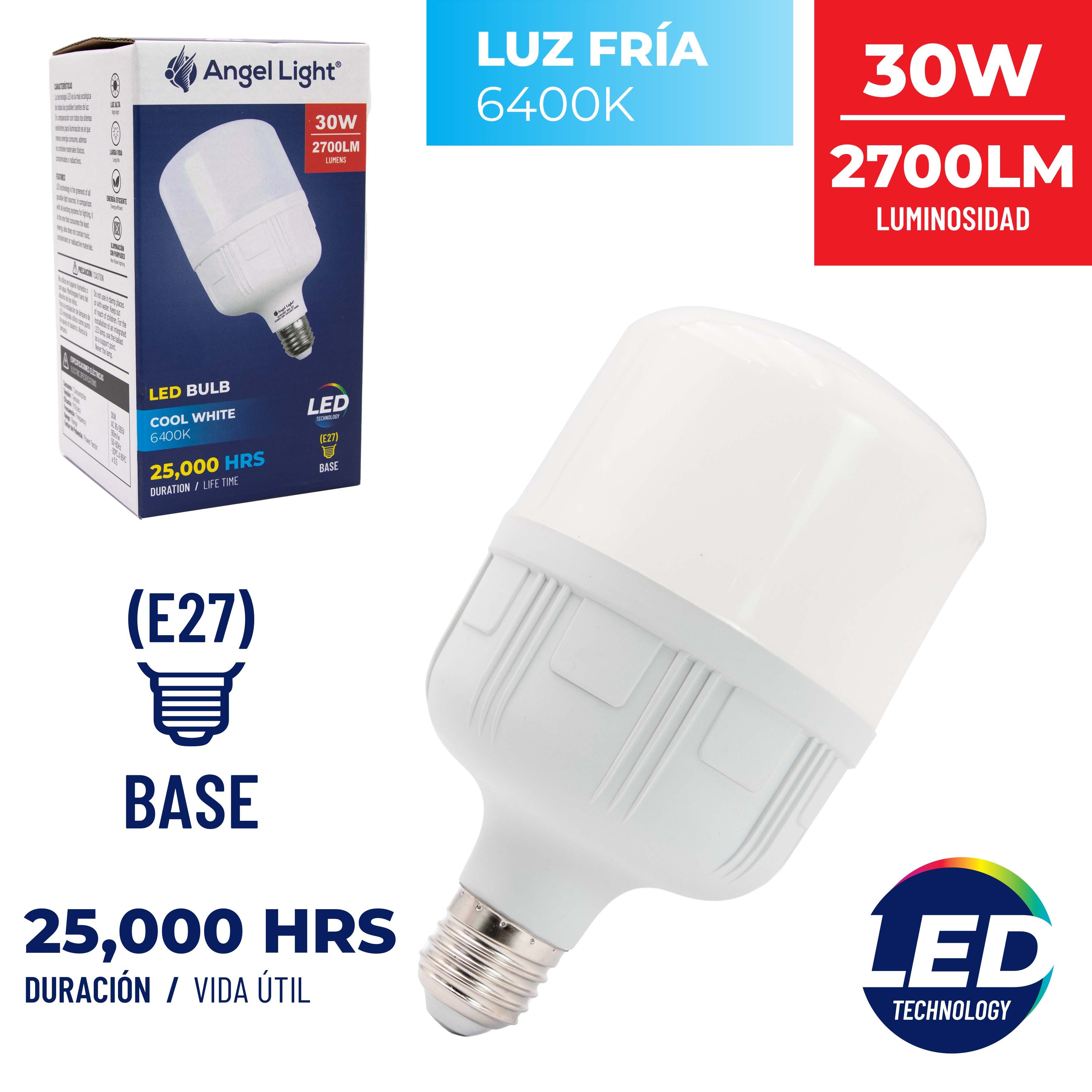 Bombillo LED Tipo Cilindro 30W Luz Fría Angel Light A105-GFS-30W