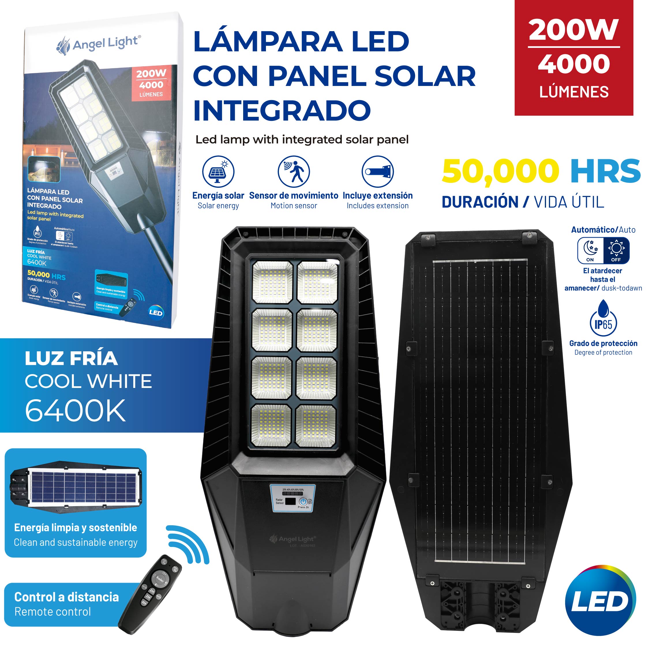 Lámpara LED Solar Angel Light 200W con Panel Solar Integrado, Sensor de Movimiento y Control Remoto A105-GSD-200W