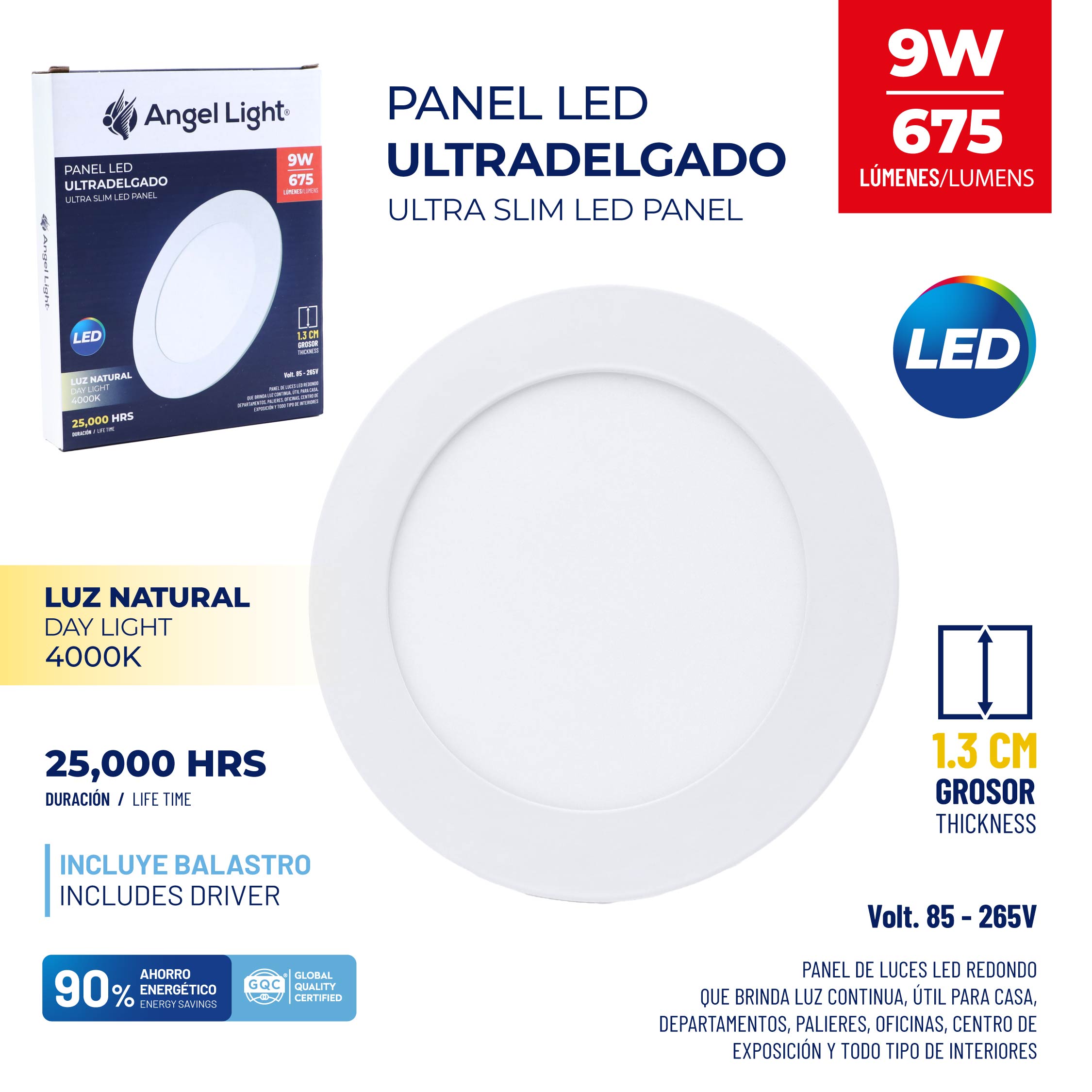 (LLEGANDO 5 DE JUNIO) Lampara Panel LED Redonda para Empotrar 9W Luz Natural Angel Light A105-PB001D-9W