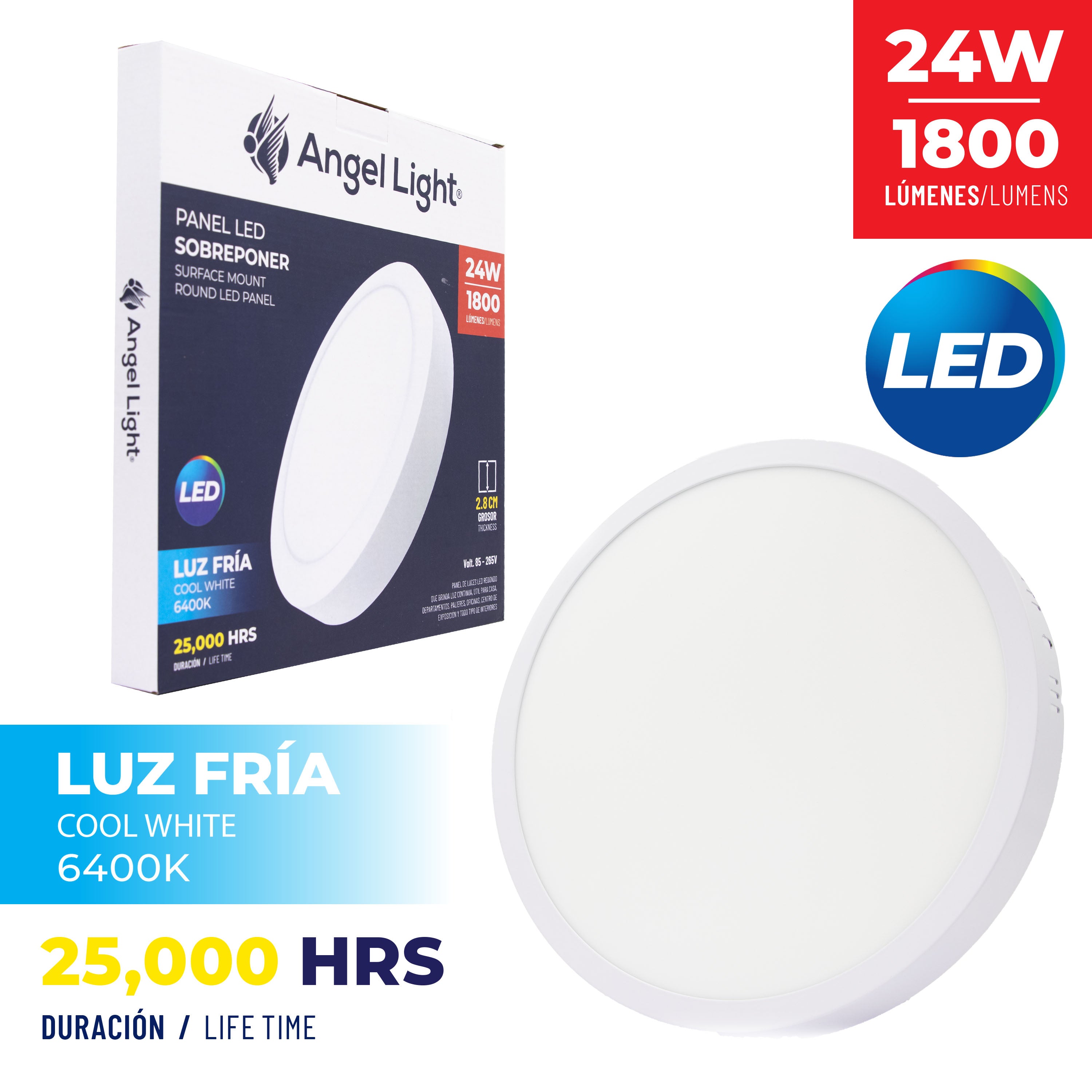 Lampara LED de Sobreponer Redonda 24W Luz Fría Angel Light A105-PB002R-24W