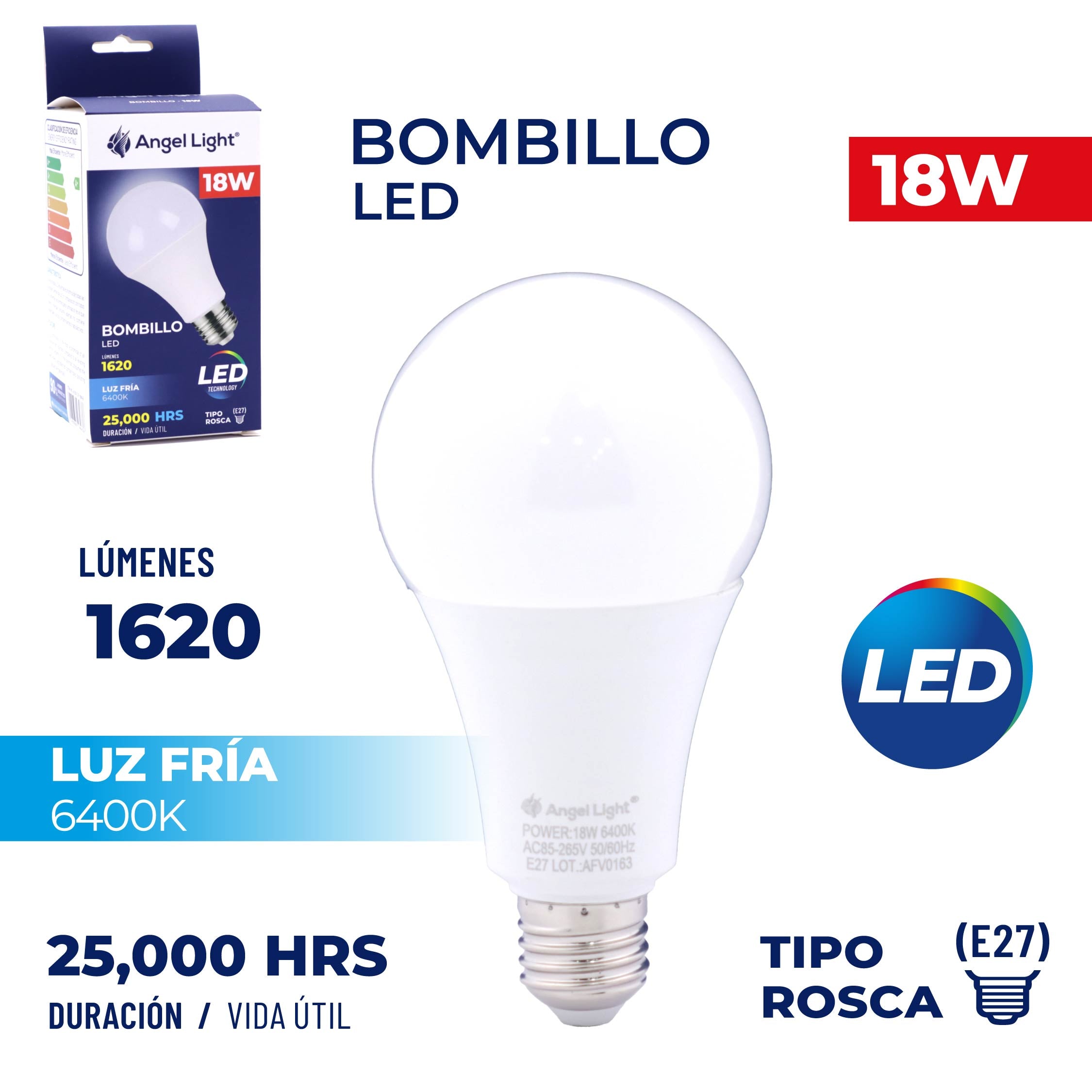 (LLEGANDO 3 DE JULIO) Bombillo LED Angel Light 18W E27 Luz Fría 6400K 1620 Lúmenes Foco. A105-TLP-18W-B
