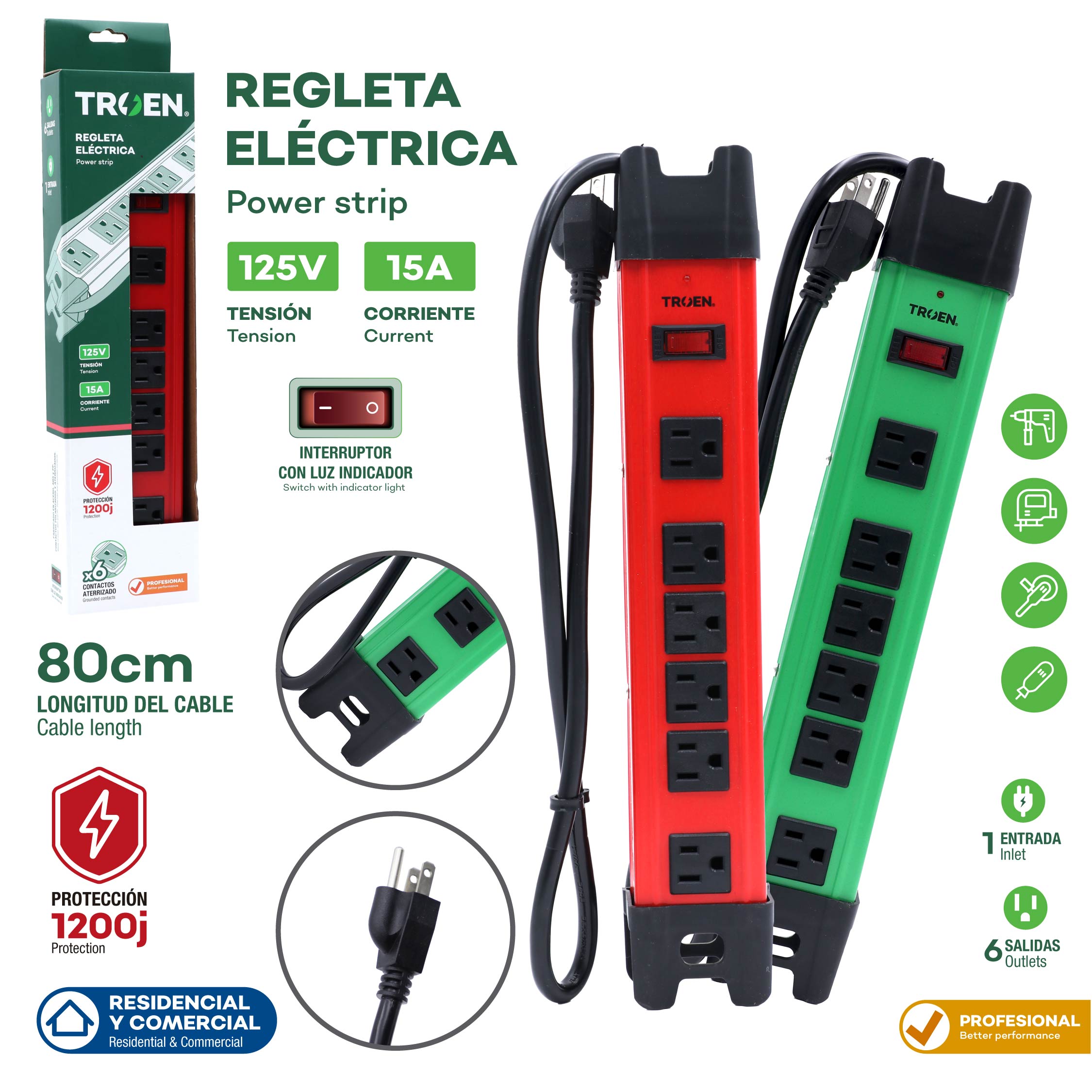 Regleta Eléctrica Metálica de 6 Capacidades 90cm TROEN A136-S013
