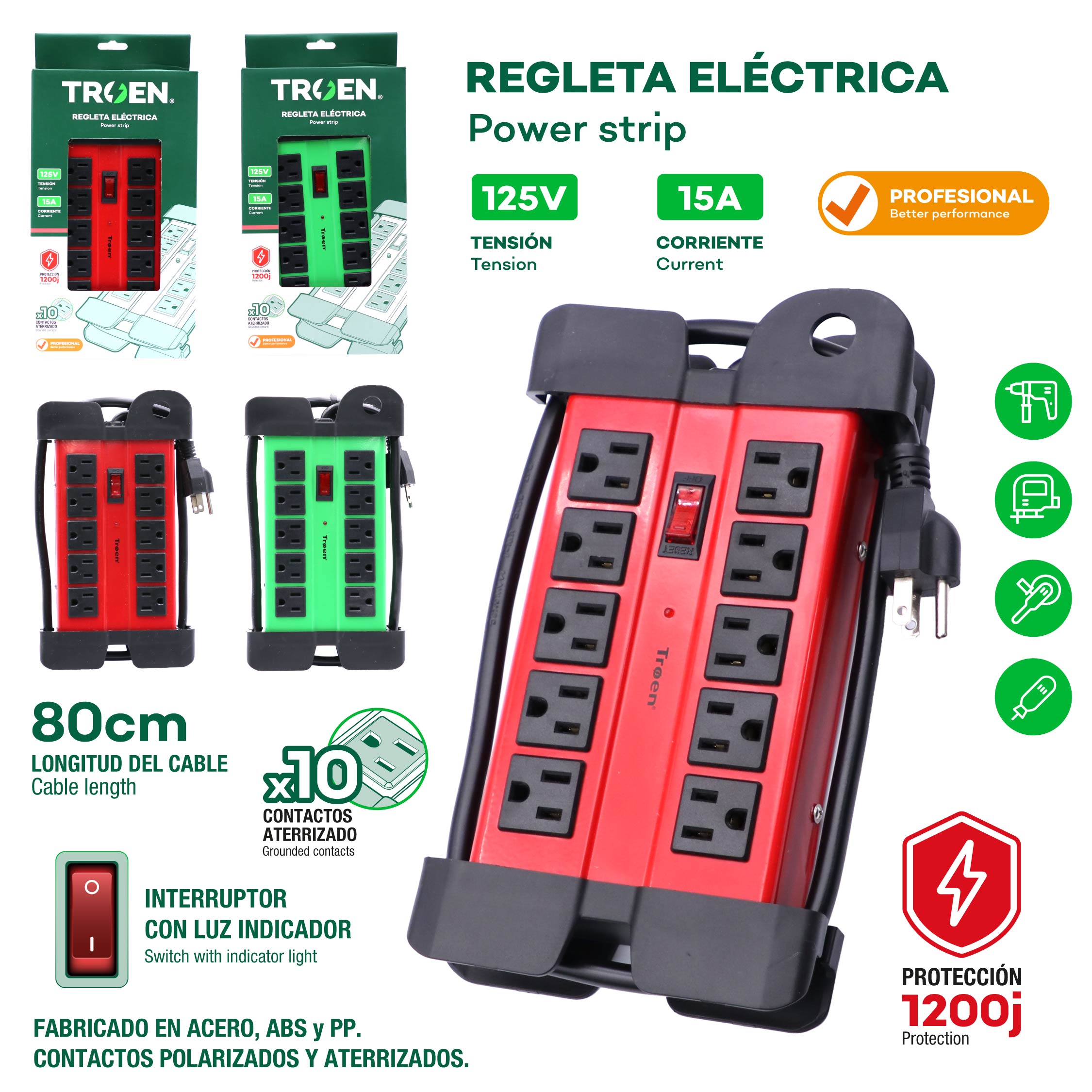 Regleta Eléctrica Metálica de 10 Capacidades 90cm TROEN A136-S015