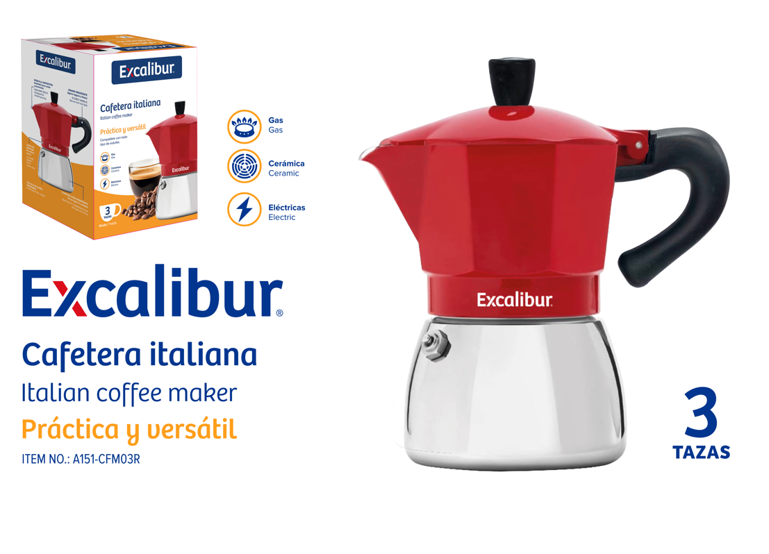 (LLEGANDO 25 DE SEPT) Cafetera Italiana Moka 3 Tazas Excalibur Roja A151-CFM03R para Gas, Cerámica y Eléctrica