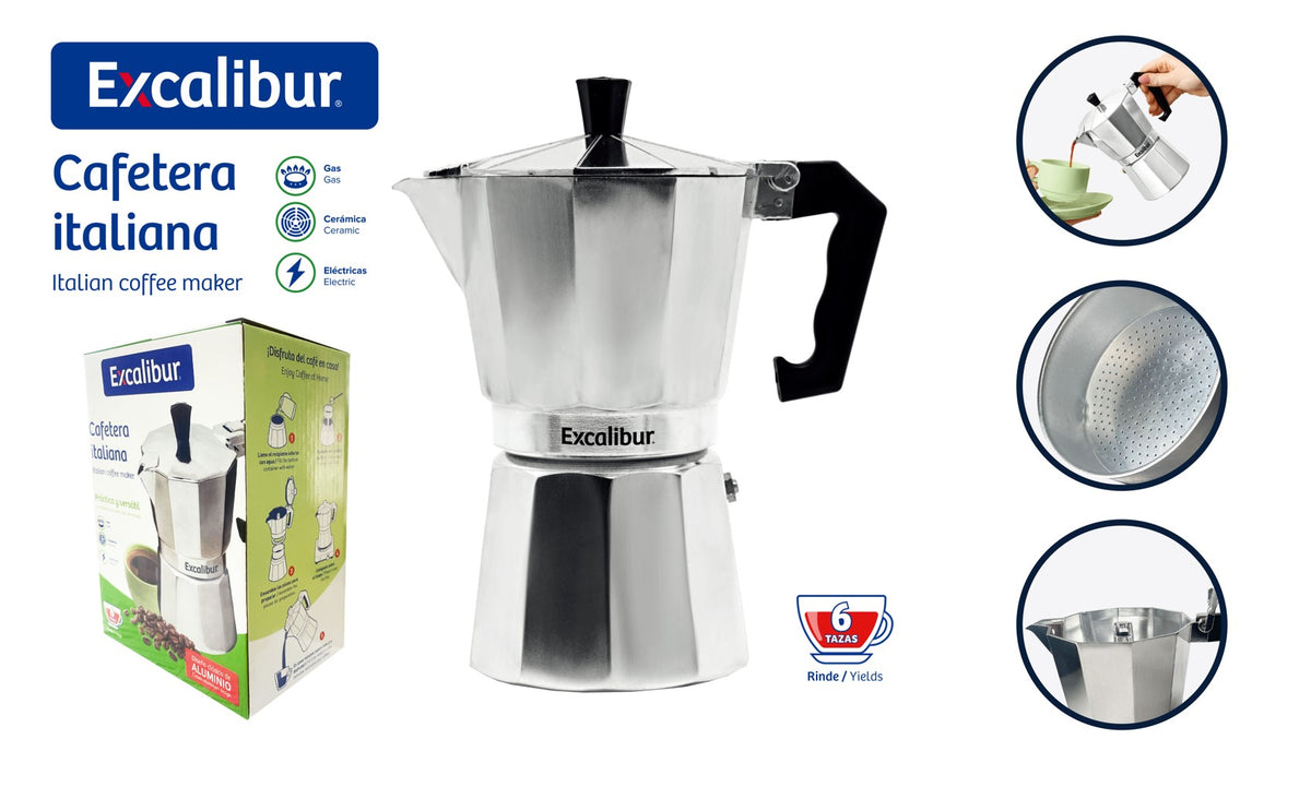 (LLEGANDO 25 DE SEPT) Cafetera Italiana Moka de Aluminio 6 Tazas Excalibur A151-CFM06 para Gas, Cerámica y Eléctrica
