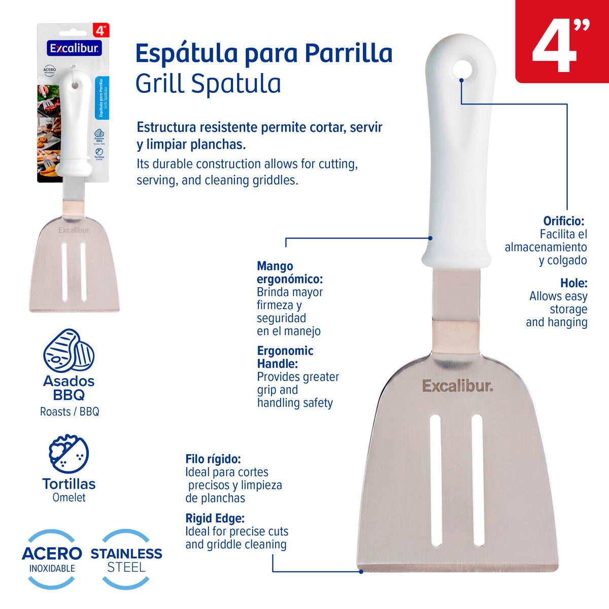 Espátula para Parrilla y Plancha 4" de Acero Inoxidable con Mango Ergonómico para BBQ Excalibur A151-F71011
