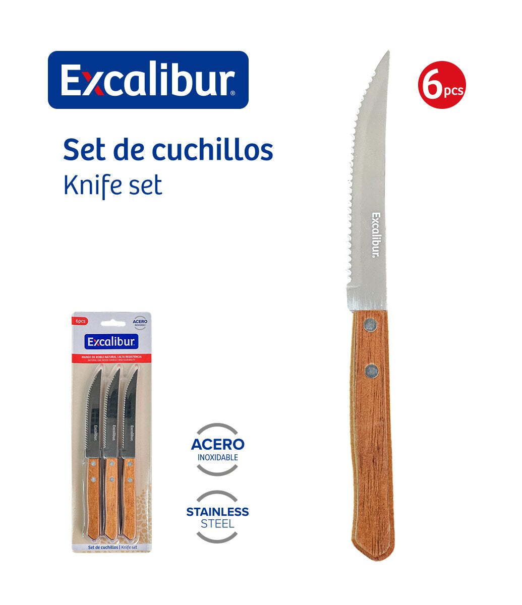 (LLEGANDO 5 DE JUNIO) Set 6 Cuchillo de Mesa de Acero Inoxidable con Mango de Madera Excalibur A151-KF2401B