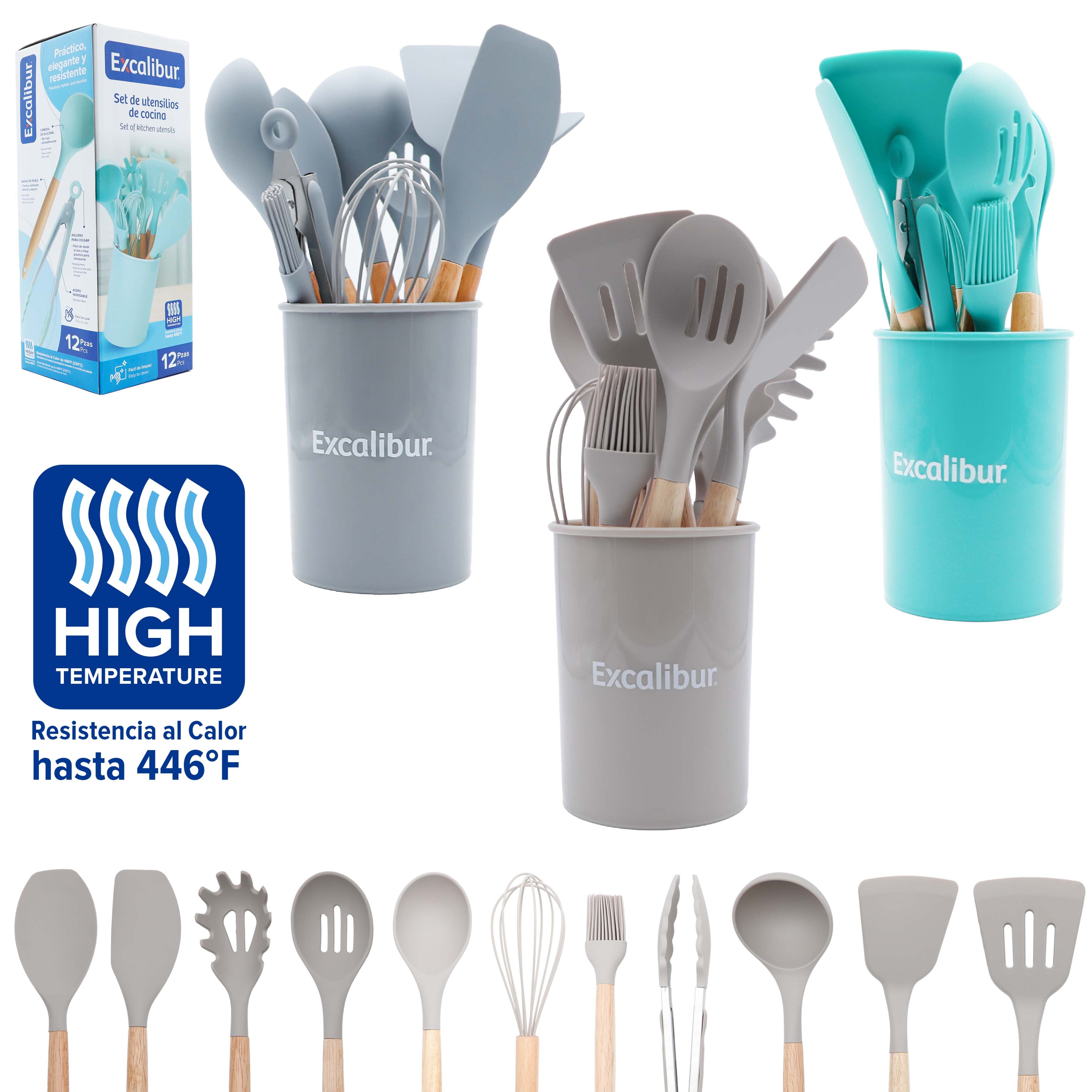 Set de Utensilios de Cocina Excalibur 12 Piezas de Silicona con Base Organizadora | Resistencia al Calor hasta 446 °F | A151-KT2507