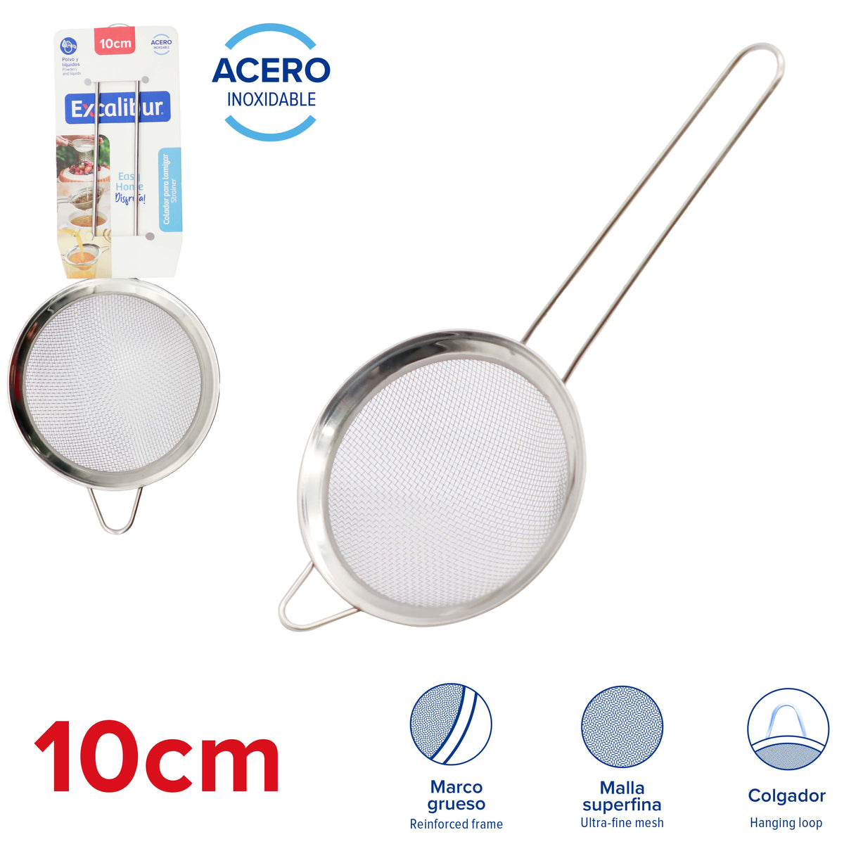 (LLEGANDO 25 DE SEPT) Colador Tamizador de Acero Inoxidable 10 cm con Malla Superfina y Mango para Cocina Excalibur A151-ST9-10