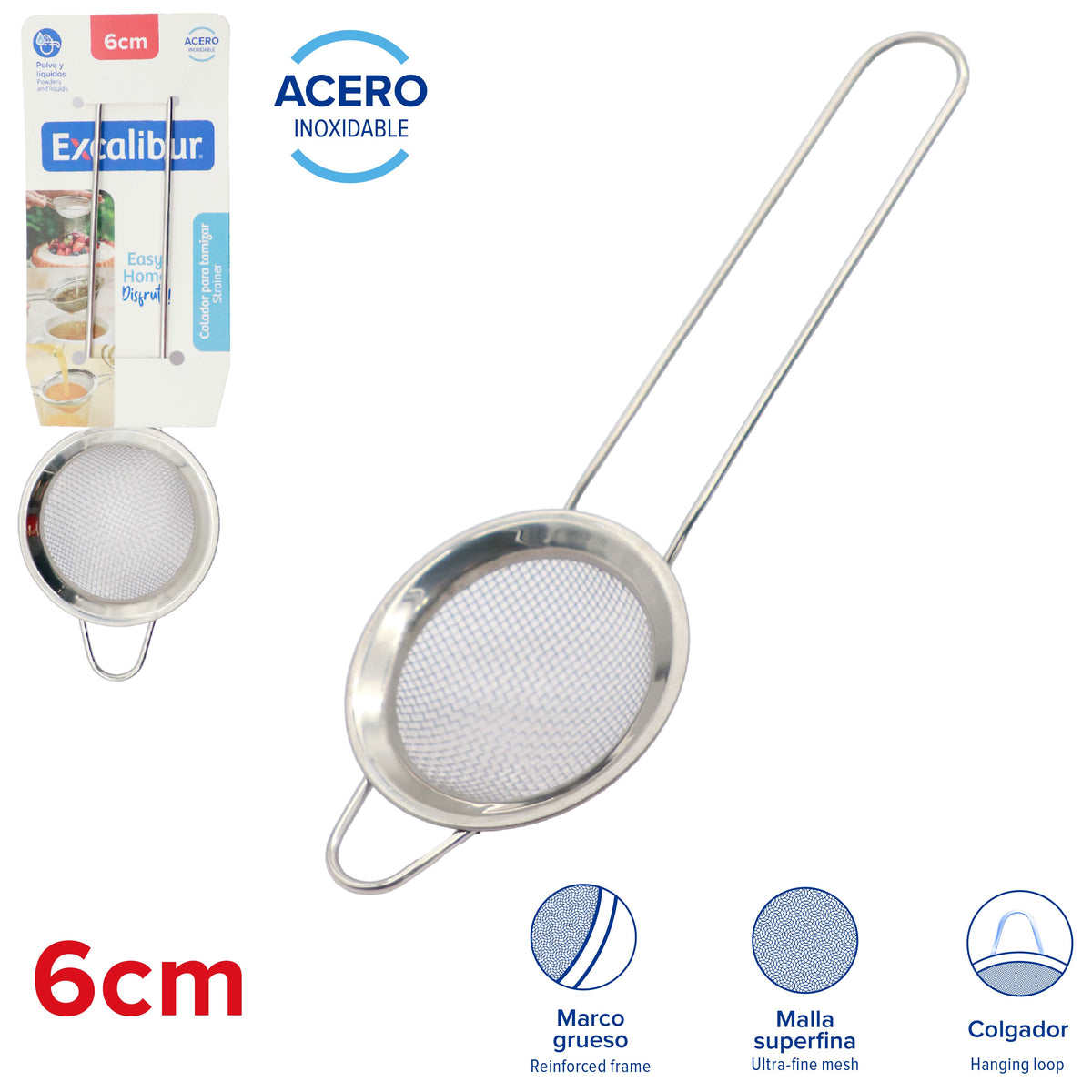 (LLEGANDO 25 DE SEPT) Colador Tamizador de Acero Inoxidable 6 cm con Malla Superfina para Cocina Excalibur A151-ST9-6