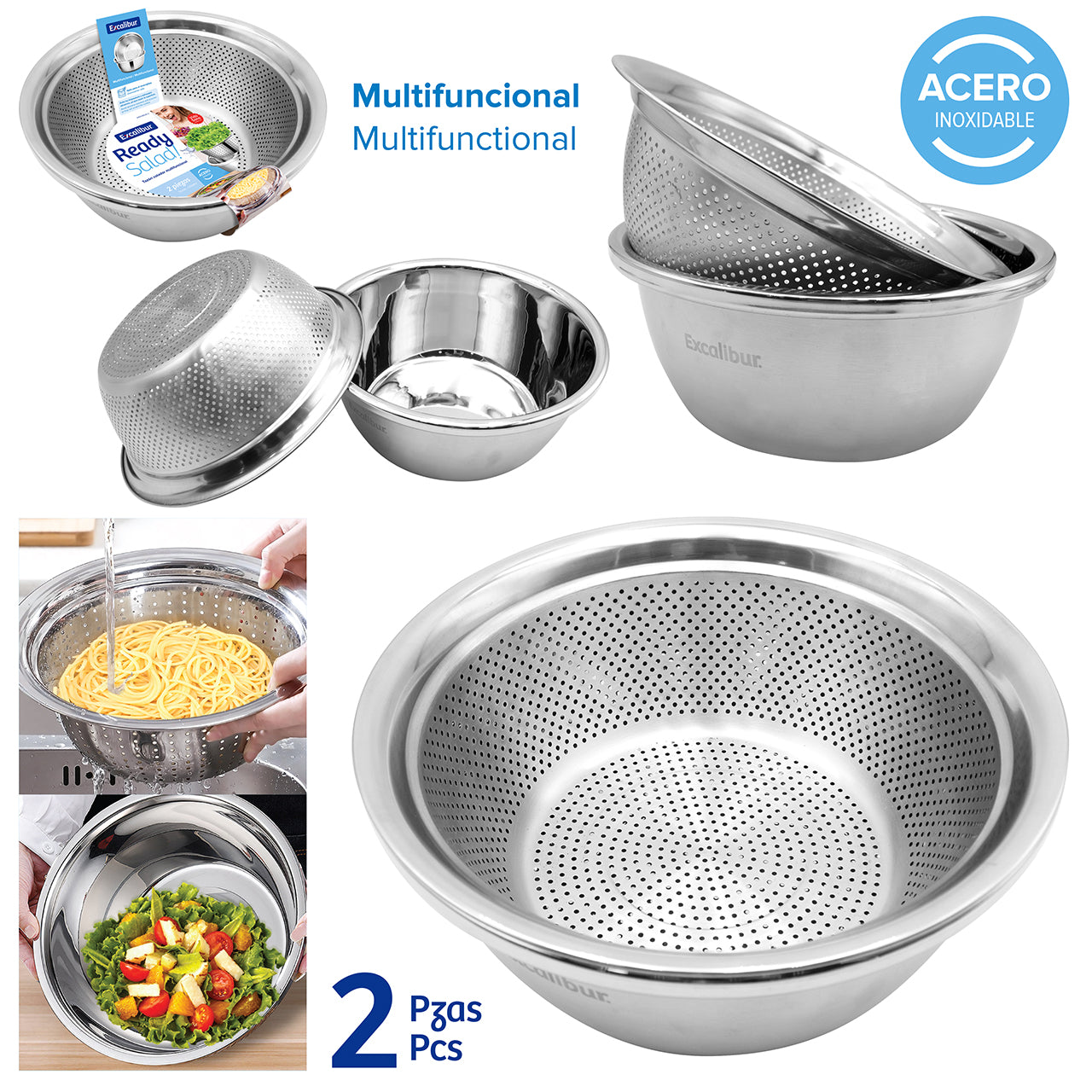 Set 2 Bowl Perforado en Acero Inoxidable A164-BG26S-2 Excalibur Colador. Tazón.