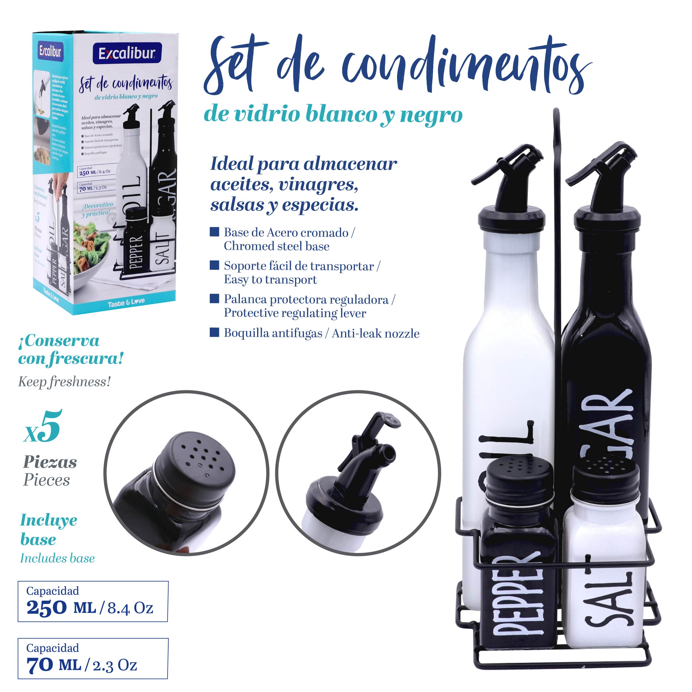 Set 2 Dispensador de Aceite o Vinagre con 2 Saleros Excalibur A164-OB25070-5 EXCALIBUR