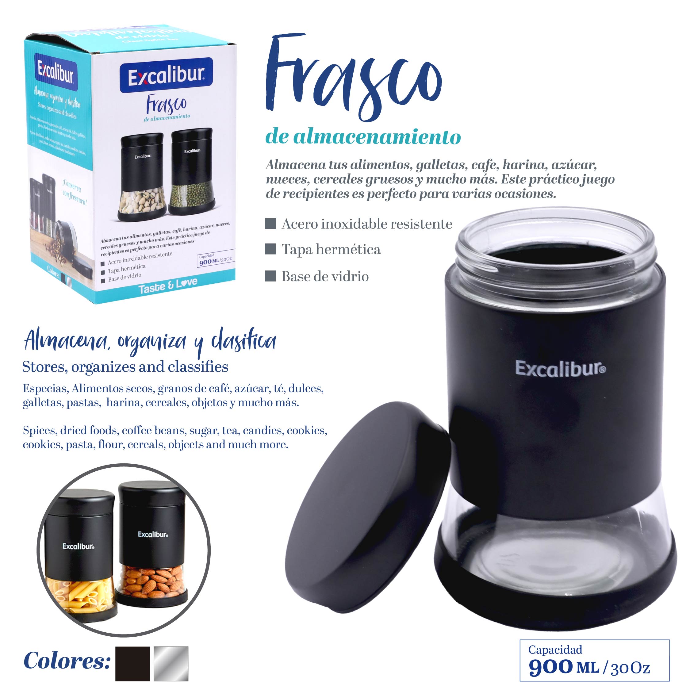Frasco Envase Organizador para Almacenar Multiuso de Vidrio 900ml Excalibur A164-SG900C