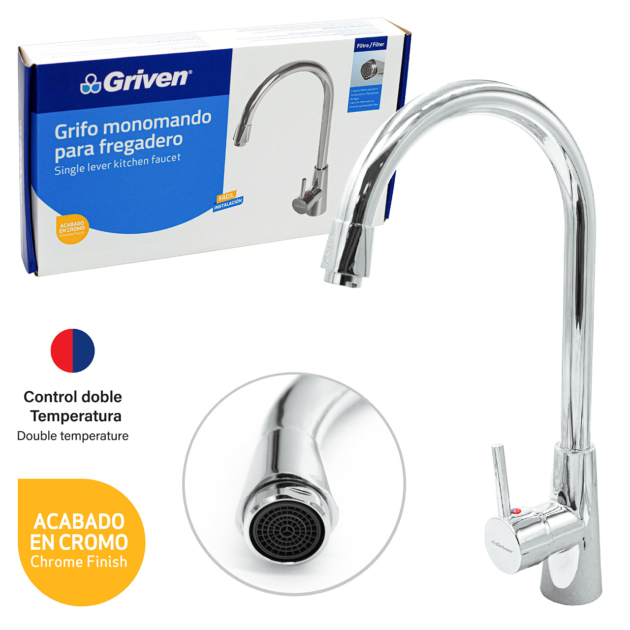 Grifo Monomando Acabado en Satín Griven A367-SH004-3-8 GRIVEN