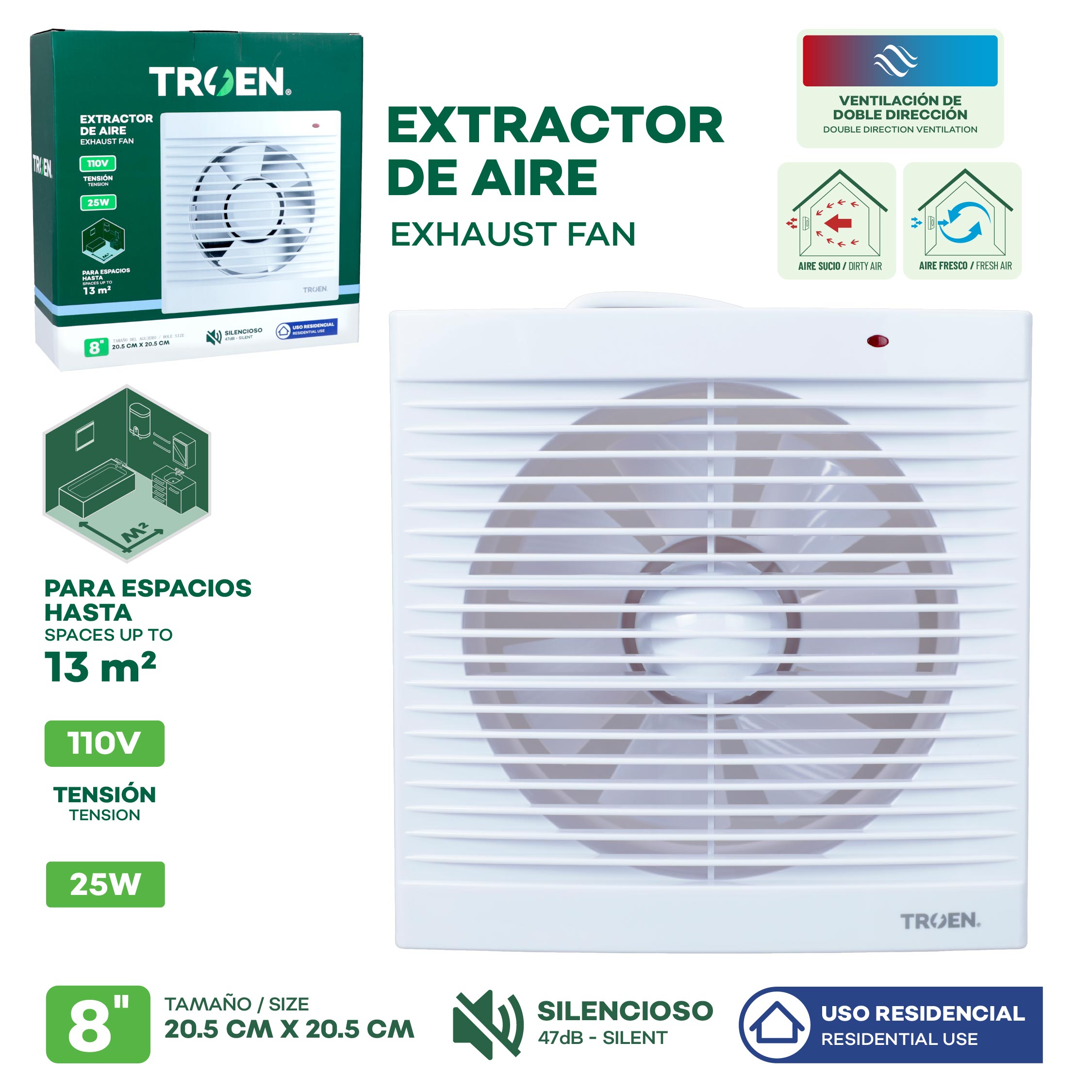 Extractor de Aire TROEN 8" 110V 25W para Espacios de hasta 13 m² | A414-APC20-F8