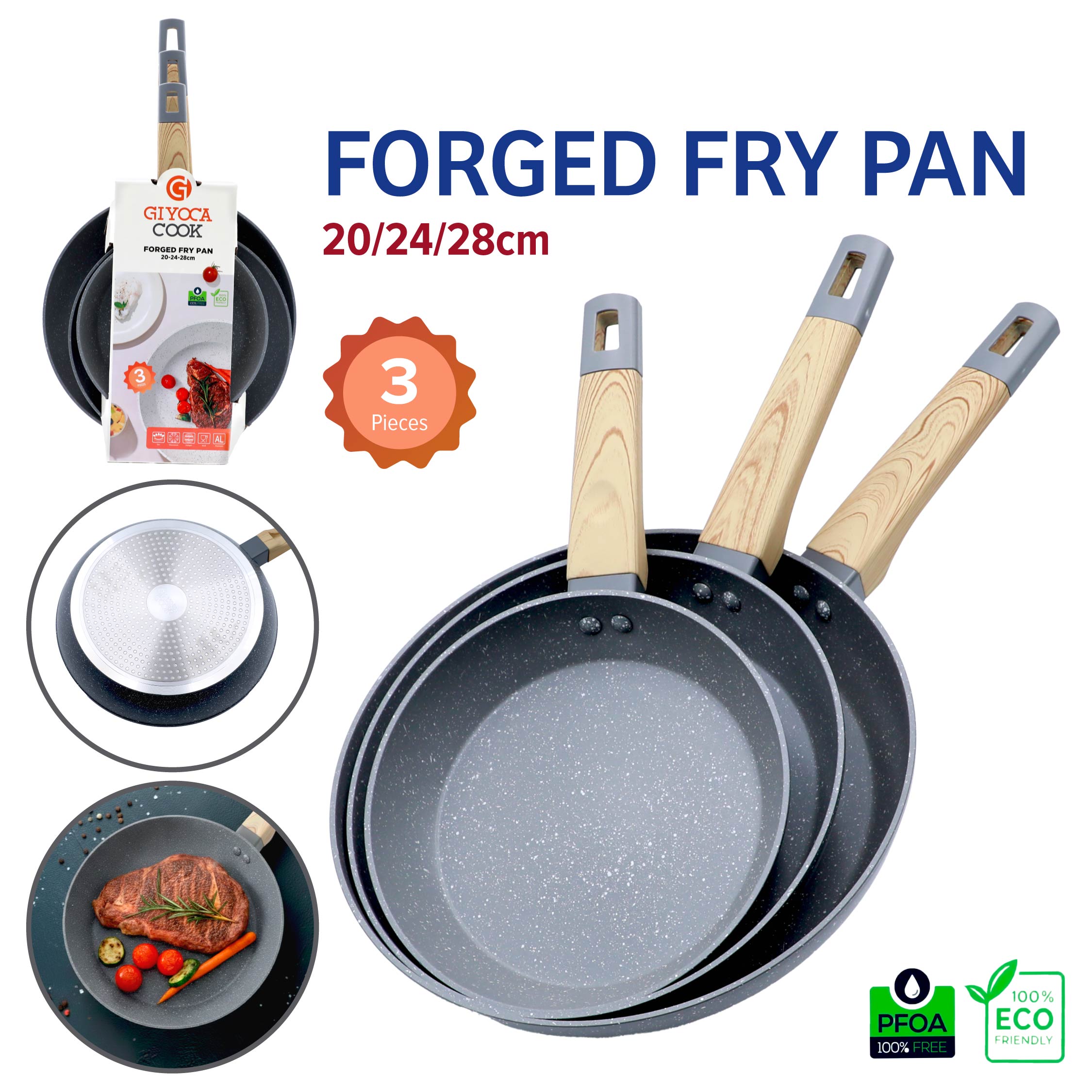 (LLEGANDO 5 DE MAYO) Set 3 Sartenes 20/24/28cm Libre de PFOA Giyoca Cook AC-GYF02