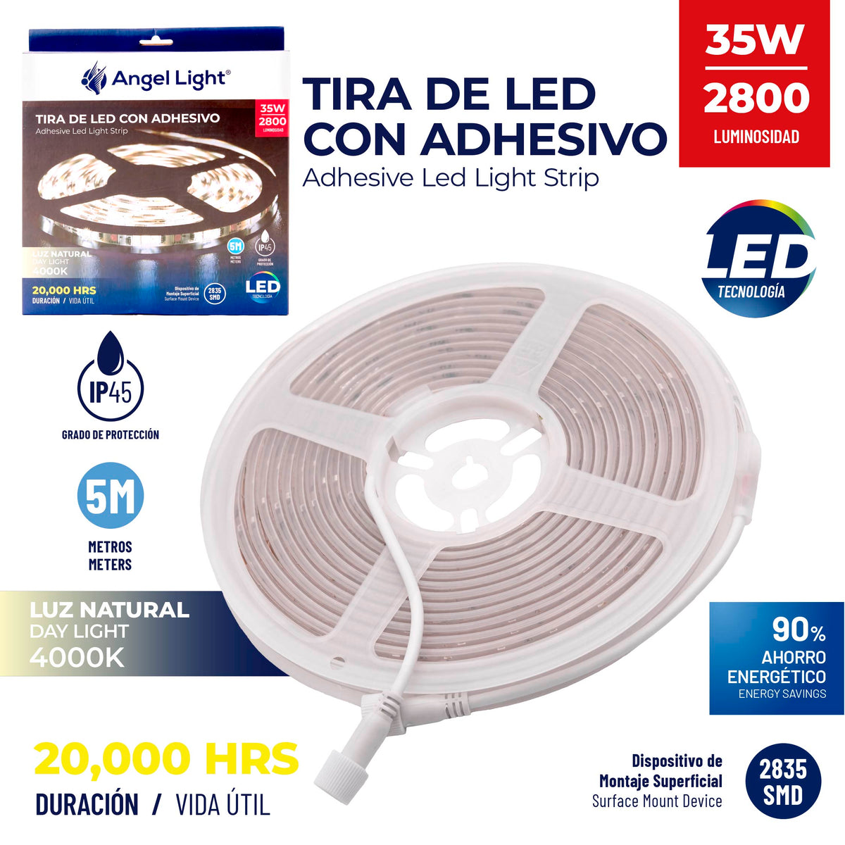 Tira LED con Adhesivo 5 Metros 35W 2800 Lúmenes Luz Natural 4000K Angel Light AL-LST2835-5D