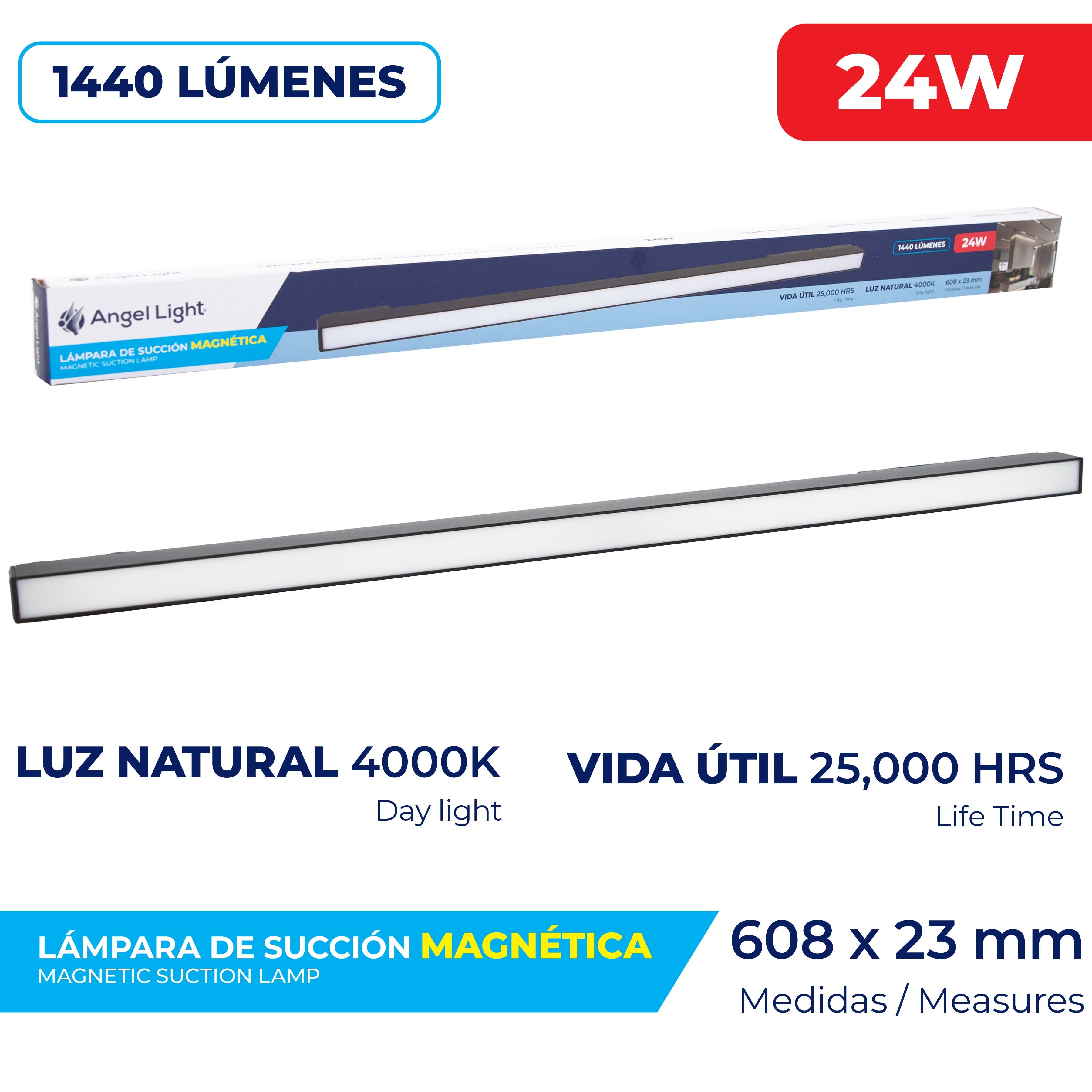 Lampara LED 24W Luz Natural Negro 608x23mm 1440 Lúmenes Angel Light AL-MRL101-24WD