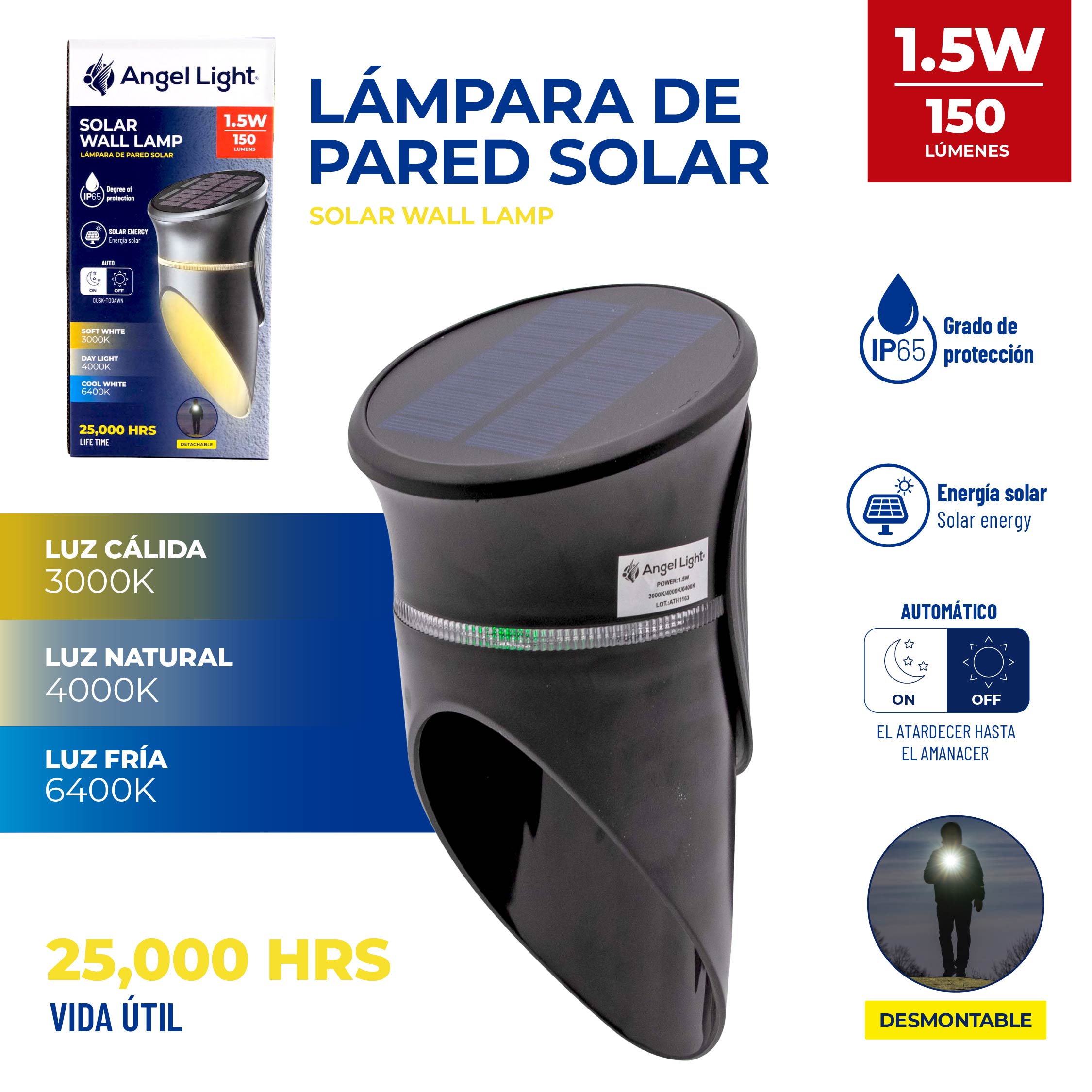 Lámpara de Pared Solar LED Angel Light 1.5W IP65 Desmontable | AL-SBT-2W